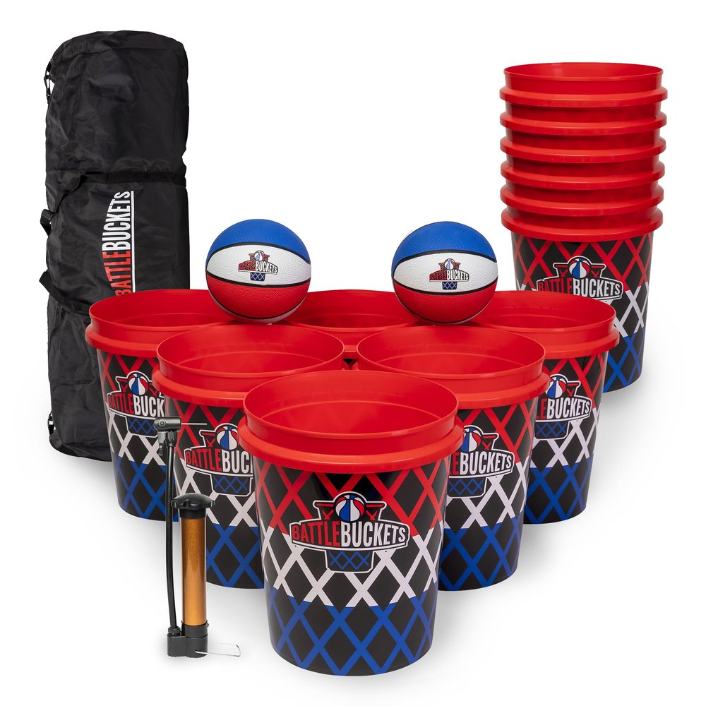Battle Buckets  Giant Yard Pong and Basketball Game with 12 Buckets, 2 Balls, Carrying Bag, and Air Pump  Outdoor Game for Lawn, Backyard, Beach, and Parties