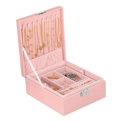 2 Layer Jewelry Box, Jewelry Organizer For Woman, Men & Girls Large Case 8.5x7.5x3.3in | PU Leather Jewelry Gift Storage Boxes For Ring, Necklace & Bracelet With Lock (Pink)