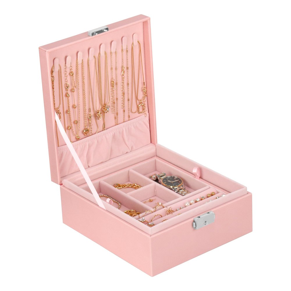 2 Layer Jewelry Box, Jewelry Organizer For Woman, Men & Girls Large Case 8.5x7.5x3.3in | PU Leather Jewelry Gift Storage Boxes For Ring, Necklace & Bracelet With Lock (Pink)