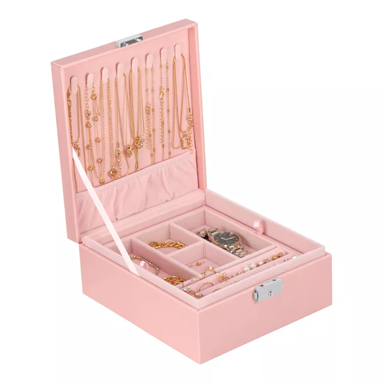 2 Layer Jewelry Box, Jewelry Organizer For Woman, Men & Girls Large Case 8.5x7.5x3.3in | PU Leather Jewelry Gift Storage Boxes For Ring, Necklace & Bracelet With Lock (Pink)