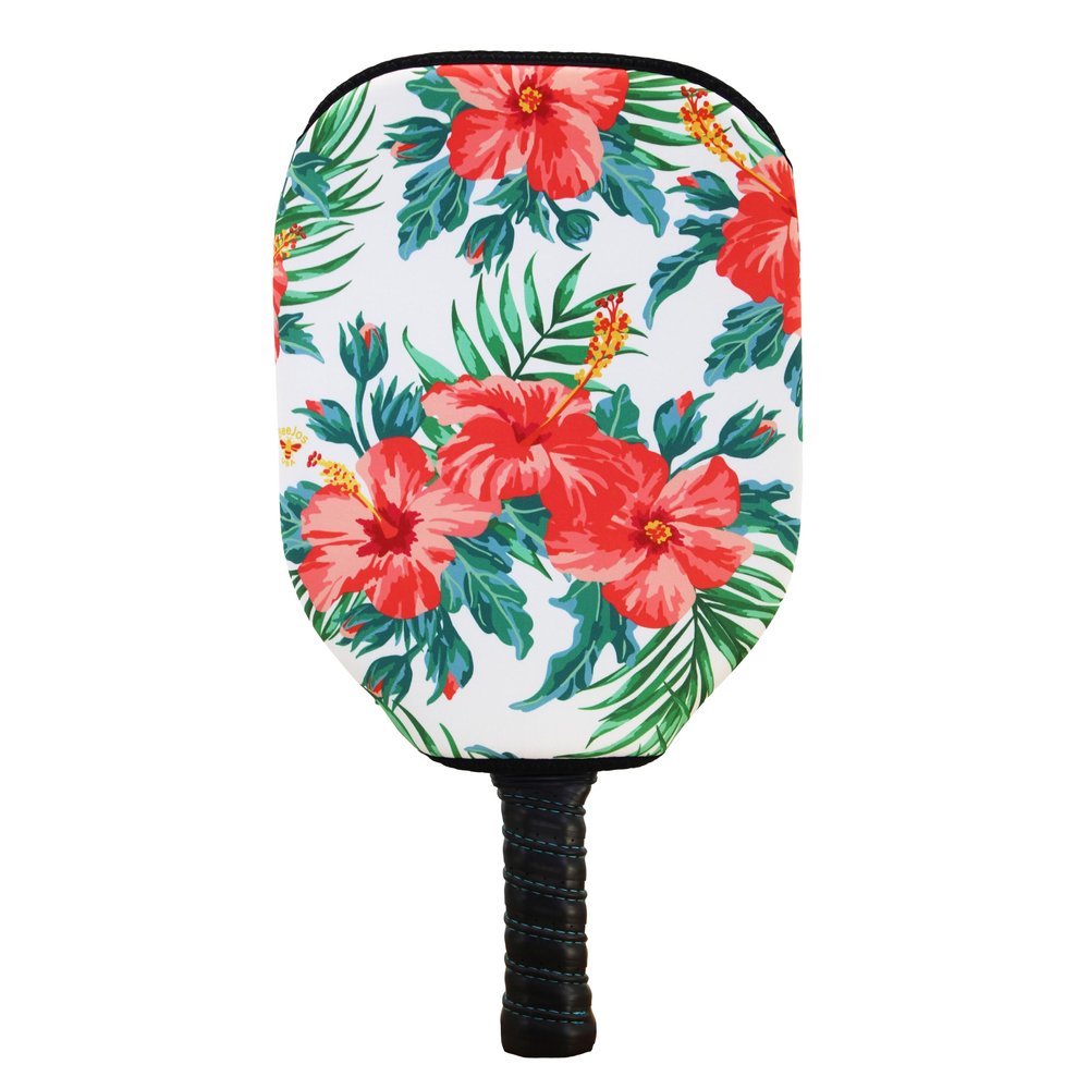BeeJos Hawaiian Collection: Premium Slip-On Pickleball Paddle Cover-Fits Standard Size Paddles-Zipperless (Paddle not Included) (Red Flowers)