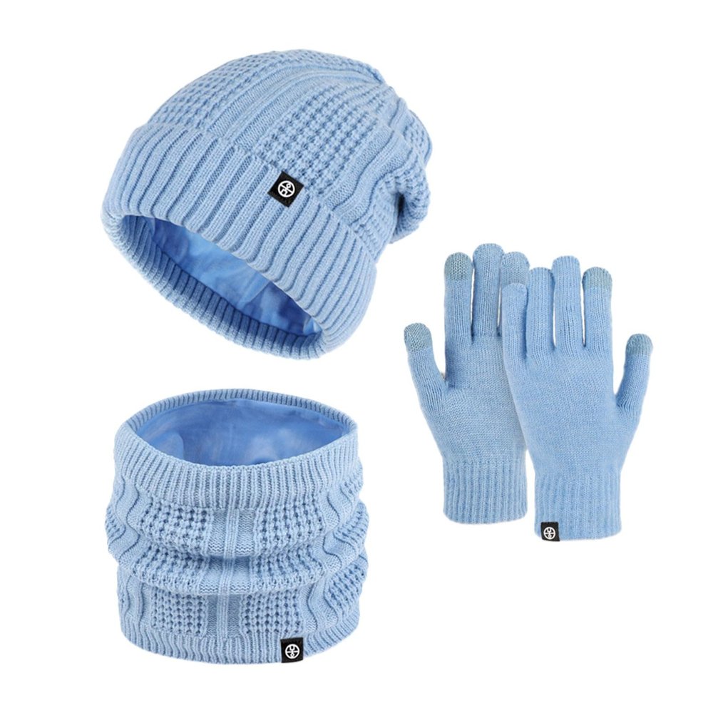 Winter Knit Beanie Hat Neck Warmer Scarf Touchscreen Gloves Set 3 Pcs Cold Weather Scarfs Teenage Girls Gift Thermal Cap Blue