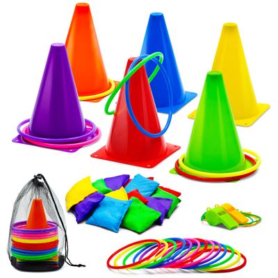3-in-1 Carnival Games Set: 35-Piece Ring Toss Game for Kids with Cornhole Bean Bags, Cones, Whistles, Rings - Childrens Indoor/Outdoor Activities Toys for Yard, Lawn, Toddler Birthday Party