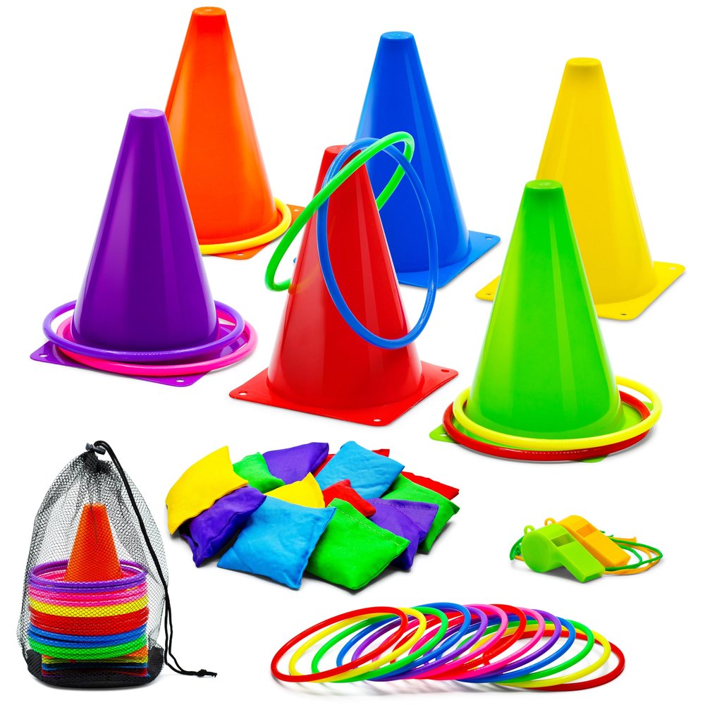 3-in-1 Carnival Games Set: 35-Piece Ring Toss Game for Kids with Cornhole Bean Bags, Cones, Whistles, Rings - Childrens Indoor/Outdoor Activities Toys for Yard, Lawn, Toddler Birthday Party