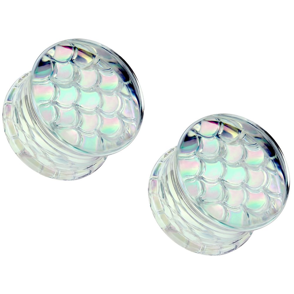 Pierced Owl Pyrex Glass Iridescent Mermaid Scales Double Flared Plugs, Sold as a Pair (16mm (5/8"))