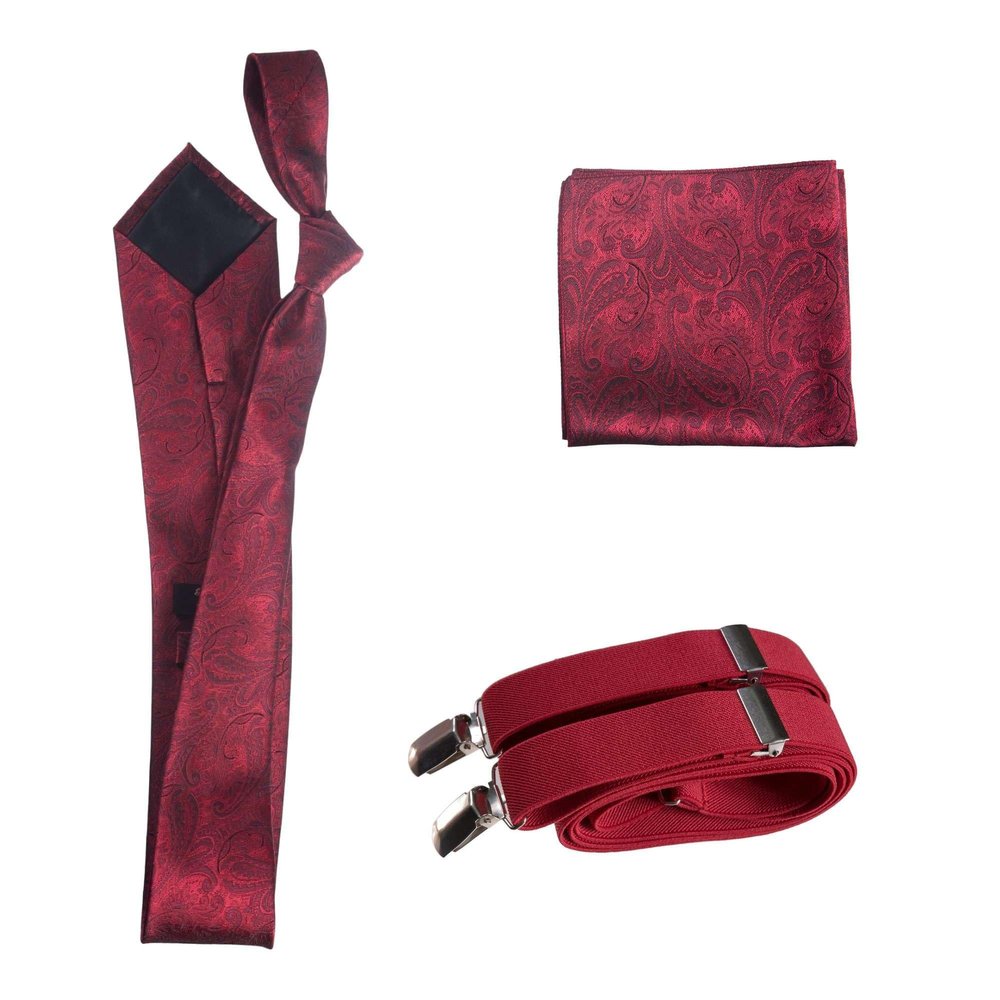 Tuxgear Mens Self Tie Necktie Suspender and Pocket Square, (Mens, Apple Red Paisley)