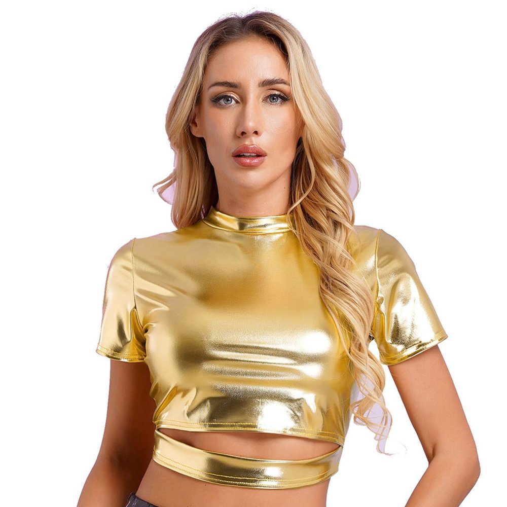 Yihuimin Women Shiny Metallic Y2K Crop Top Jazz Hip Hop Street Dance Shirt E-Girls Musical Festival T-Shirt Gold Small