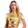 Yihuimin Women Shiny Metallic Y2K Crop Top Jazz Hip Hop Street Dance Shirt E-Girls Musical Festival T-Shirt Gold Small view 1
