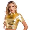 Yihuimin Women Shiny Metallic Y2K Crop Top Jazz Hip Hop Street Dance Shirt E-Girls Musical Festival T-Shirt Gold Small view 2