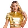 Yihuimin Women Shiny Metallic Y2K Crop Top Jazz Hip Hop Street Dance Shirt E-Girls Musical Festival T-Shirt Gold Small view 3