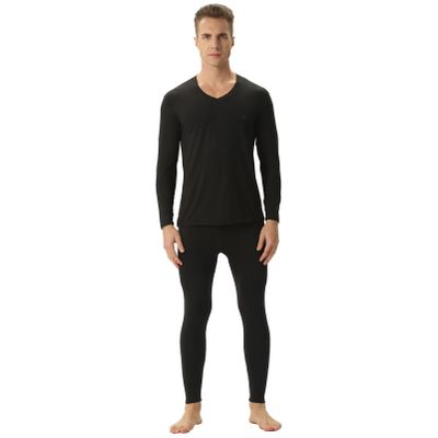 ANUFER Mens Thermal Underwear Set Cotton Stretch Base Layer V-Neck Long Sleeve Tops & Long Johns Bottoms Black L