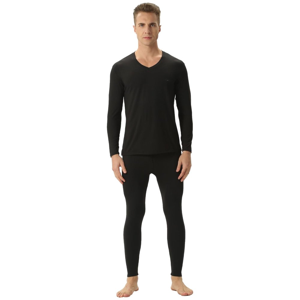 ANUFER Mens Thermal Underwear Set Cotton Stretch Base Layer V-Neck Long Sleeve Tops & Long Johns Bottoms Black L