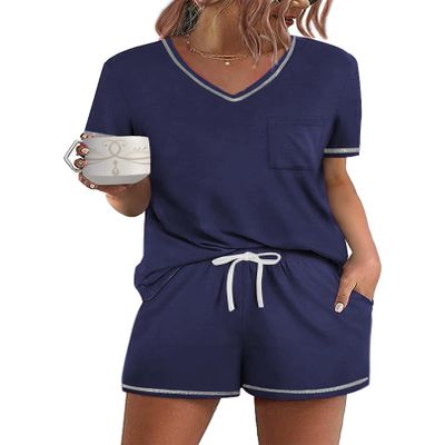 Ekouaer Women's Pajamas Sets Short Sleeve Lounge Sets Sleepwear Casual Two Piece Pjs With Pockets Navy Blue XL