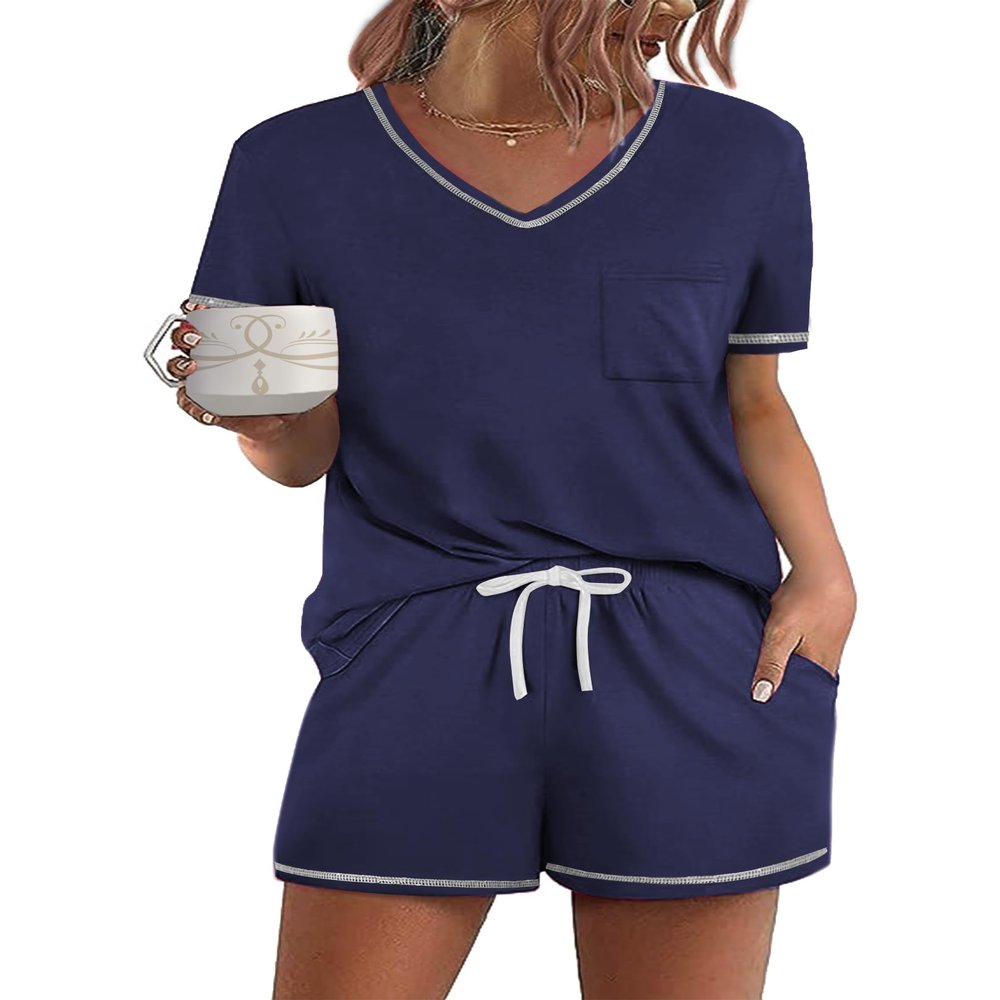 Ekouaer Women's Pajamas Sets Short Sleeve Lounge Sets Sleepwear Casual Two Piece Pjs With Pockets Navy Blue XL