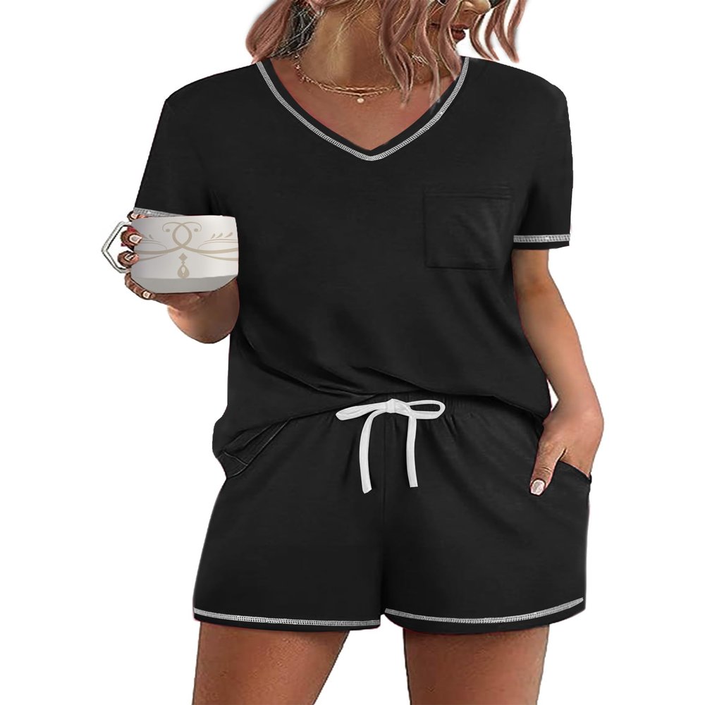 Ekouaer Women's Pajamas Sets Short Sleeve Lounge Sets Sleepwear Casual Two Piece Pjs With Pockets Black L