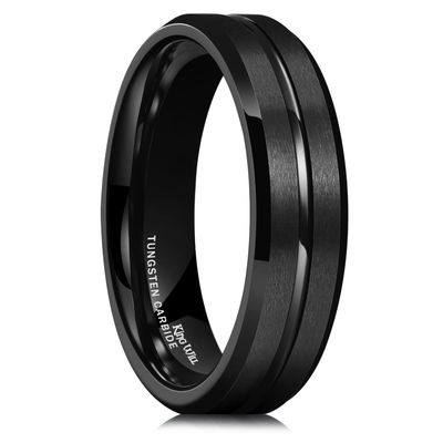 King Will Tungsten Carbide Wedding Band for Men Women-6mm Width in Black with Grooved Center Wedding Ring Suitable Suitable for Work, Gym Comfort Fit Size 14