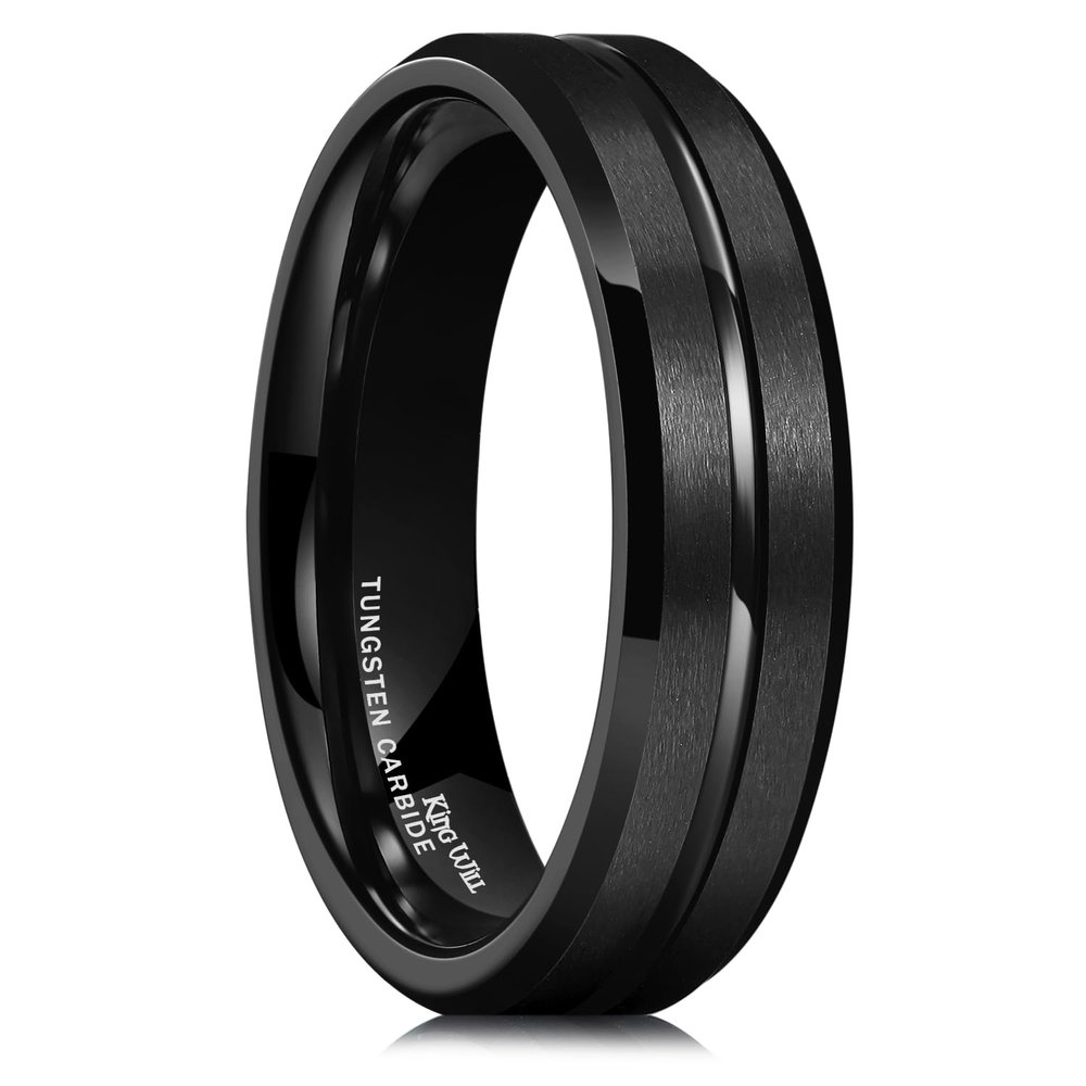 King Will Tungsten Carbide Wedding Band for Men Women-6mm Width in Black with Grooved Center Wedding Ring Suitable Suitable for Work, Gym Comfort Fit Size 14