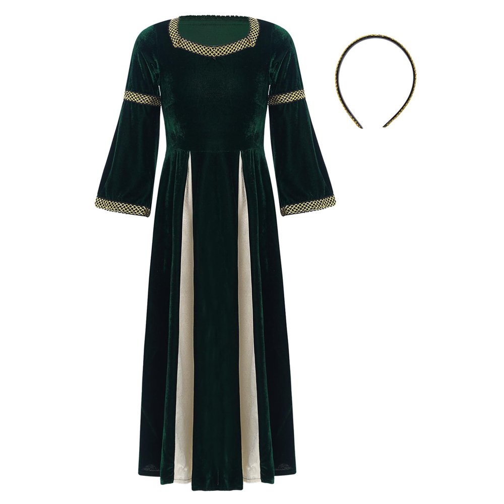 ACSUSS Big Girls Medieval Princess Maxi Dress Renaissance Long Bell Sleeve Vintage Retro Ball Gowns Dark Green 12-14 Years