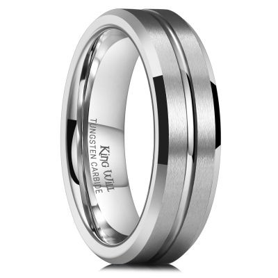 King Will Tungsten Carbide Wedding Band for Men Women-6mm Sliver with Grooved Center Wedding Ring Matte Finished Suitable for Work, Gym Comfort Fit Size 7