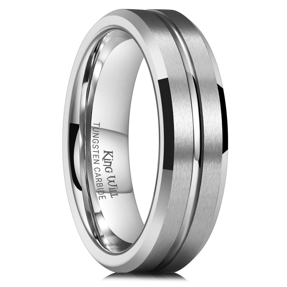 King Will Tungsten Carbide Wedding Band for Men Women-6mm Sliver with Grooved Center Wedding Ring Matte Finished Suitable for Work, Gym Comfort Fit Size 7