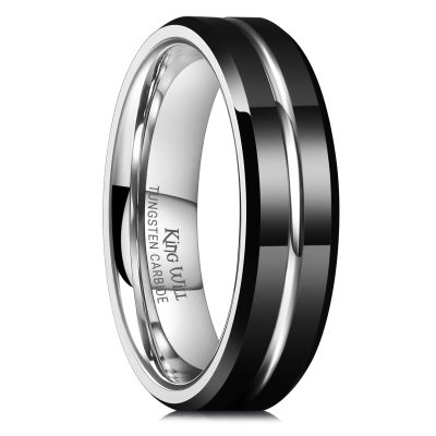 King Will Tungsten Carbide Wedding Band for Men Women-6mm in Black and Silver with Grooved Center High Polished Wedding Ring Suitable for Work, Gym Comfort Fit Size 13