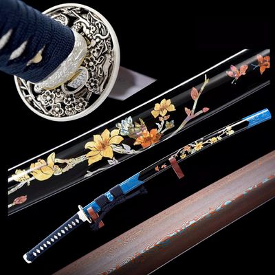 HERO SWORD-Beautiful Flower Katana Real Combat Sharp Damascus Steel Samurai Katana Sword Combat Ready Full Tang Blade Sword,Blue Black,Cool Weapon for Mens Women Best Gift/Home Decoration