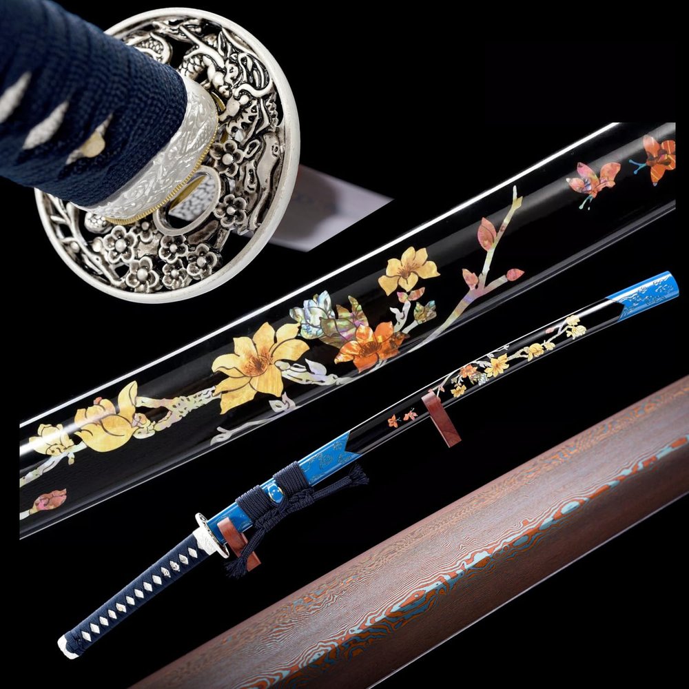 HERO SWORD-Beautiful Flower Katana Real Combat Sharp Damascus Steel Samurai Katana Sword Combat Ready Full Tang Blade Sword,Blue Black,Cool Weapon for Mens Women Best Gift/Home Decoration