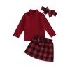 Kaipiclos Toddler Baby Girl Skirt Outfit Solid Color Long Sleeve Turtleneck Knit Sweater + Mini Skirt Fall Winter Clothes (X1-Christmas Red plaid, 4-5 Years) view 1