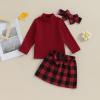 Kaipiclos Toddler Baby Girl Skirt Outfit Solid Color Long Sleeve Turtleneck Knit Sweater + Mini Skirt Fall Winter Clothes (X1-Christmas Red plaid, 4-5 Years) view 2