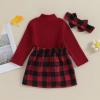 Kaipiclos Toddler Baby Girl Skirt Outfit Solid Color Long Sleeve Turtleneck Knit Sweater + Mini Skirt Fall Winter Clothes (X1-Christmas Red plaid, 4-5 Years) view 4