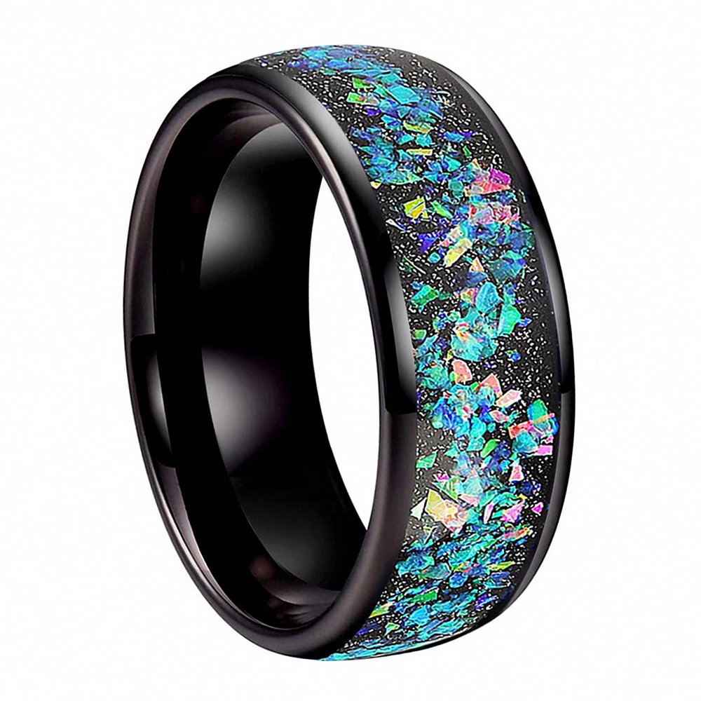 8 mm Black Tungsten Wedding Ring for Men Women Galaxy Series Opal Inlay Engagment Band Dome Polished Shiny Comfort Fit