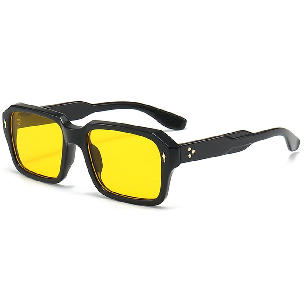 Bsreyeop Vintage Square Sunglasses for Men Women Trendy Chunky Rectangle Frame Rivet Design Black Shades UV Protection (Black Frame/Yellow Lens F7)