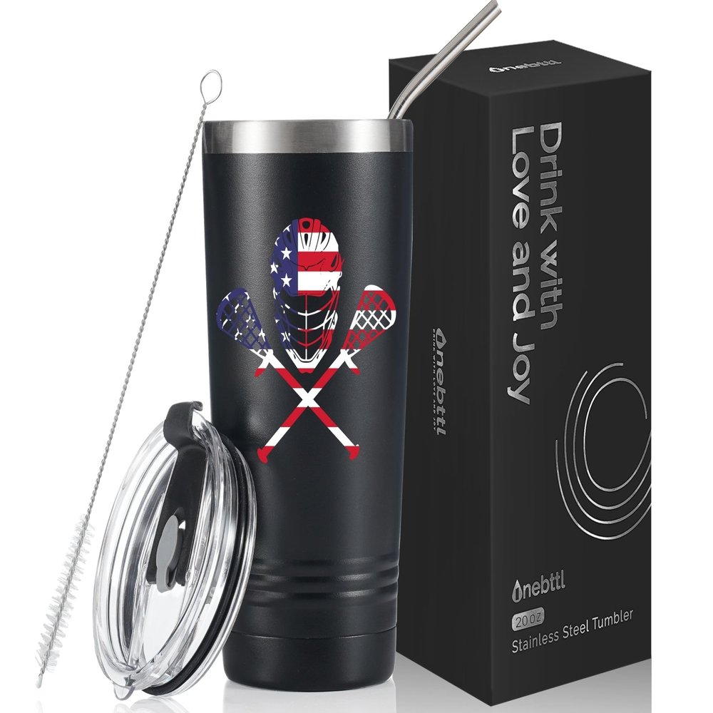 Onebttl Lacrosse Gifts for Teen Boys, College Students, Men, 20oz Travel Tumbler with Stainless Straw for Men, Black (Lacrosse Helmet)