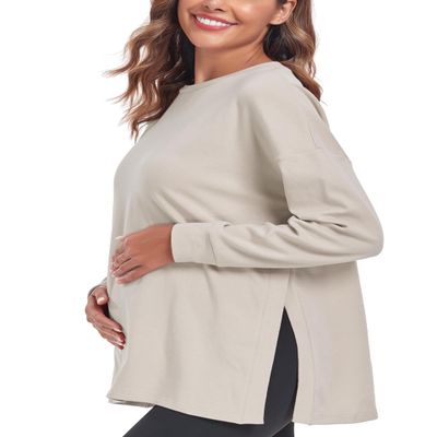 Ecavus Women's Casual Maternity Shirts Long Sleeve Soft and Comfy Pregnancy Tee Tops Side Split Maternity Clothes Apricot