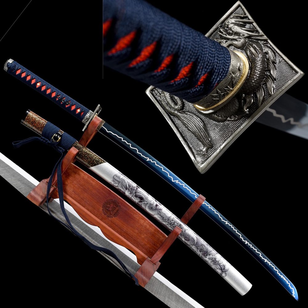 HERO SWORD-Dragon Katana Real Combat Manganese Steel Blue Lightning Blade Samurai Sword Sharp Full Tang Blade Cool Sword Japanese Weapon for Mens Best Gift and Home Decoration