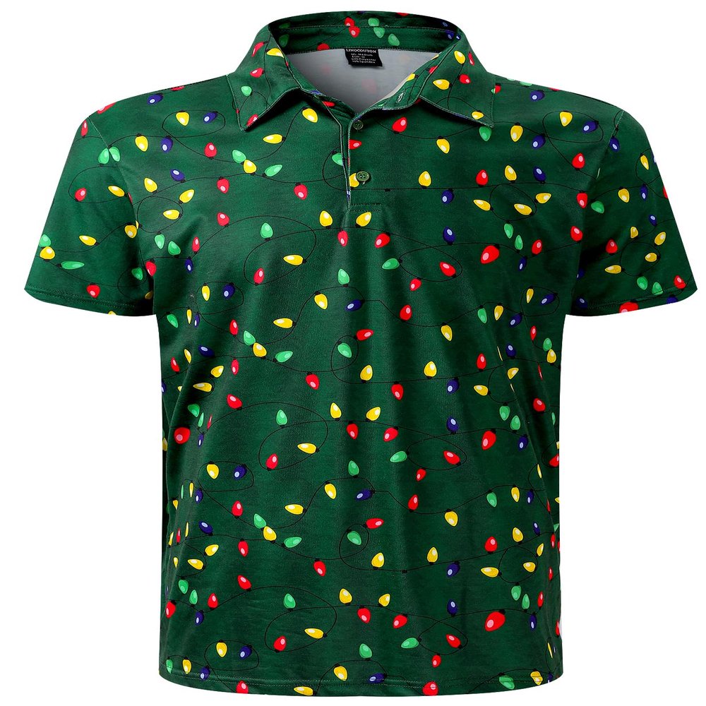LINOCOUTON Men's Christmas Lights Polo Xmas Light up Button Down Short Sleeve Golf Shirts, Green, Large