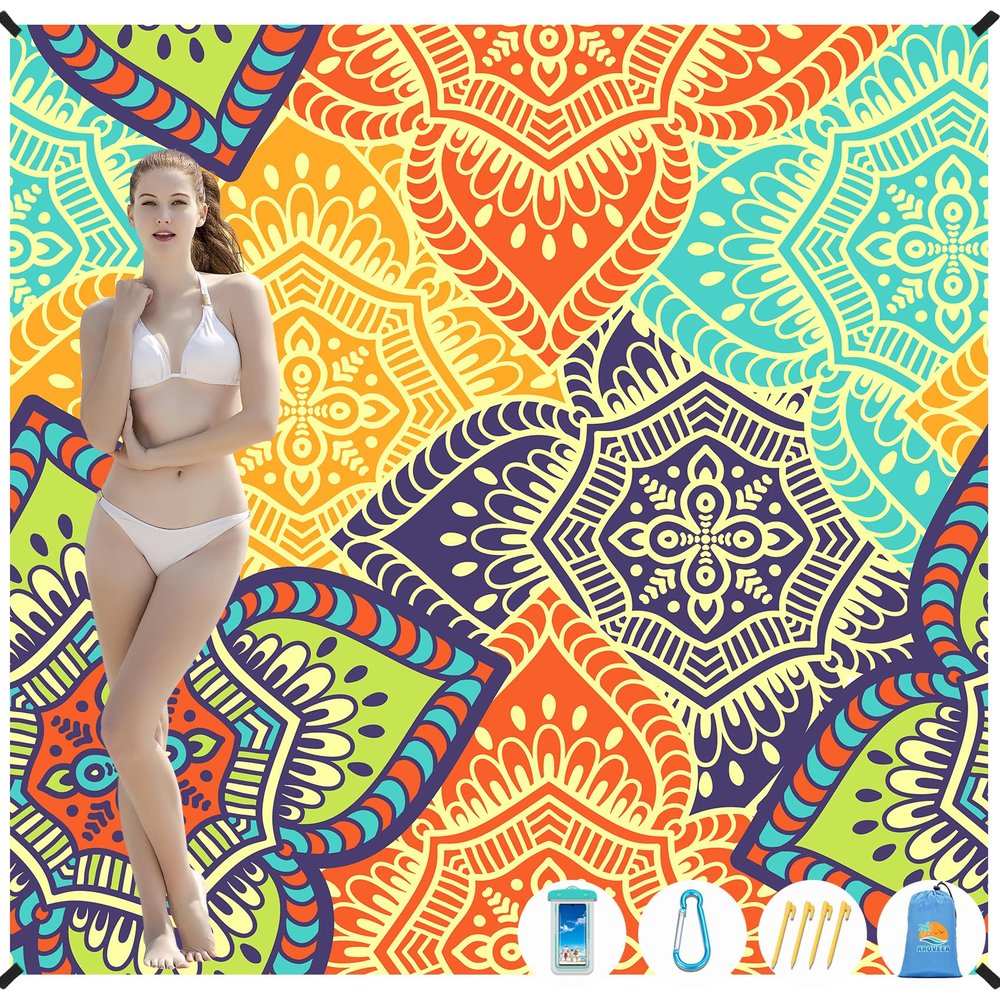 Aroveea Beach Blanket Waterproof Sandproof 1-7 Adult Oversized 78 '' 81 '' Lightweight Durable Compact Sand Free Beach Mat for Travel Camping Hiking Picnic Blanket Extra Large