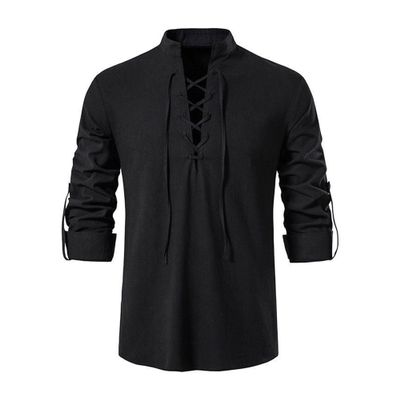 Men's Linen Cotton Retro Lace Up Shirt Long Sleeve V Neck Medieval Top Casual Pullover Henley Shirt (Large,Black)