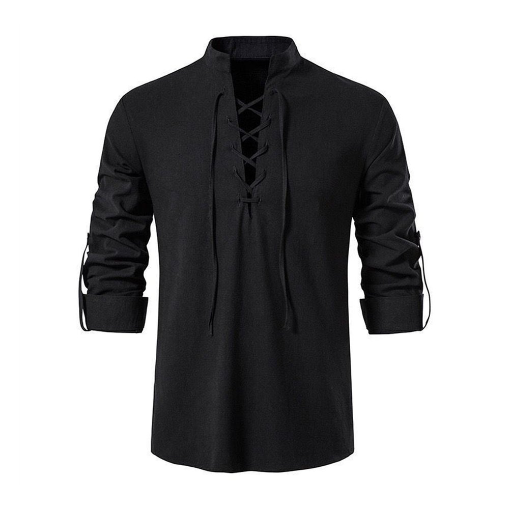 Men's Linen Cotton Retro Lace Up Shirt Long Sleeve V Neck Medieval Top Casual Pullover Henley Shirt (Large,Black)