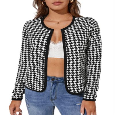ORAIK women's jacket Houndstooth Contrast Binding Jacket jacket for women (Color : Black and White, Size : Tall S)