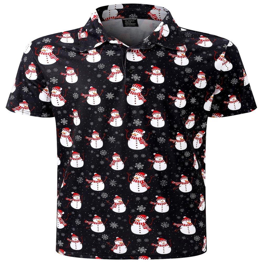 Men's Christmas Snowman Shirts Xmas Snowflakes Button up Short Sleeve Polo Outfit, Black, X-Large