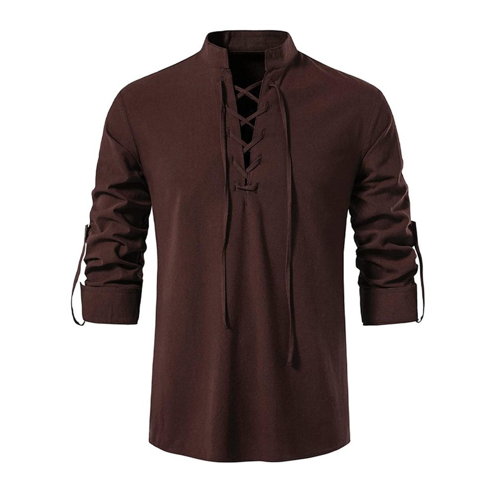 Men's Linen Cotton Retro Lace Up Shirt Long Sleeve V Neck Medieval Top Casual Pullover Henley Shirt (4X-Large,Brown)