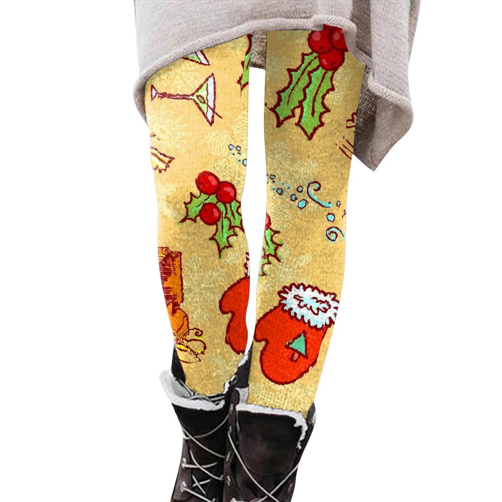 ZYXTIM Christmas Leggings for Women Novelty Cute Printed High Waisted Tummy Control Warm Winter Xmas Pants Women Yellow