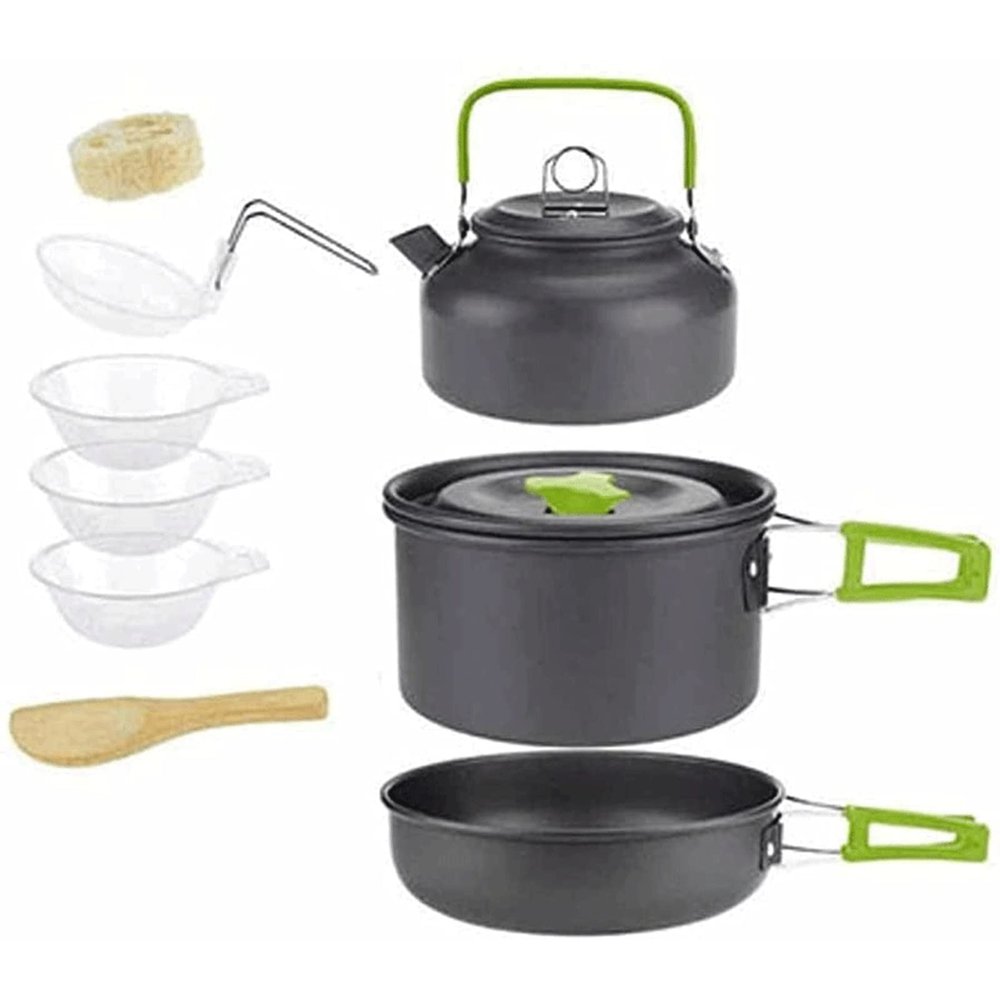 QIYUDS Portable Camping Cookware Kit, Outdoor Cook Gear Pot Pan Kettle Set, Picnic Tableware Tools for Hiking Backpacking Family