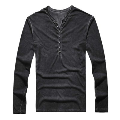 Mens Vintage Distressed Henley Shirts Retro Long Sleeve Tee Tops Casual Button Down Washed T-Shirts (5X-Large,Black)