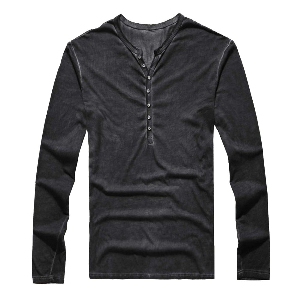 Mens Vintage Distressed Henley Shirts Retro Long Sleeve Tee Tops Casual Button Down Washed T-Shirts (5X-Large,Black)