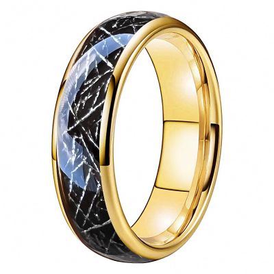 6 mm Gold Men Women Tungsten Ring Wedding Bands Domed Polished Shiny Black Meteorite Inlay Comfort Fit