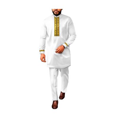 ATLYCOLOR African Dashiki Suits for Men 2 Piece Set Gold Embroidery Shirt Pant Outfits Nigerian Clothes Wedding Attire TR5 White X-Large