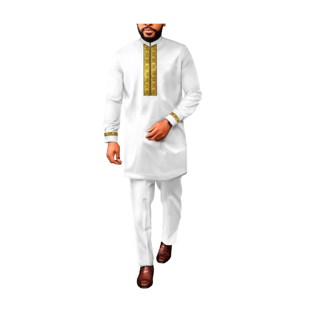 ATLYCOLOR African Dashiki Suits for Men 2 Piece Set Gold Embroidery Shirt Pant Outfits Nigerian Clothes Wedding Attire TR5 White X-Large