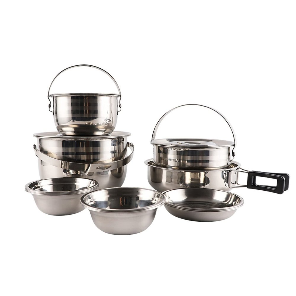 QIYUDS Stainless Steel Camping Cookware Mess Kit, Nonstick Lightweight Compact Backpacking Cooking Set for Outdoor Picnic Hiking